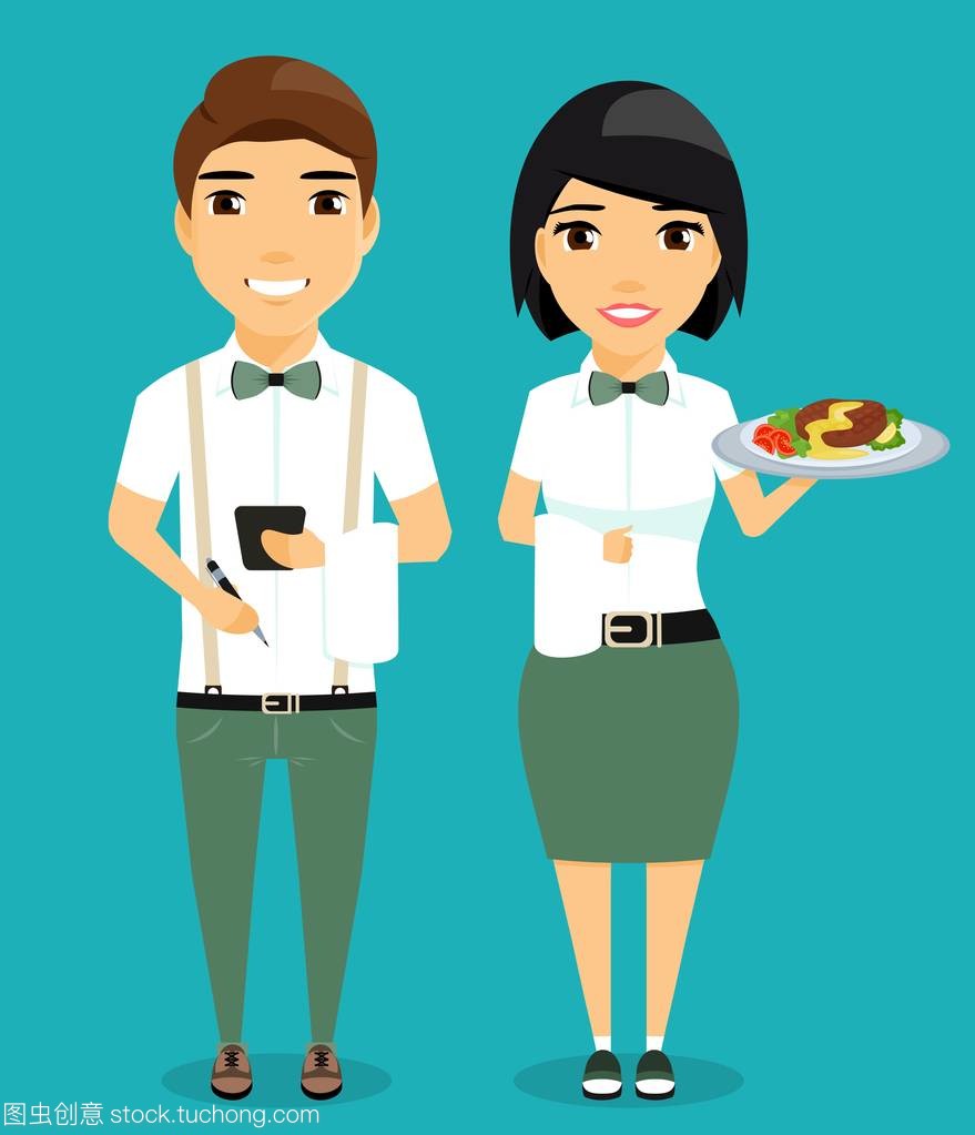 這家伙,女服務(wù)員。藍(lán)色背景的卡通風(fēng)格上孤立