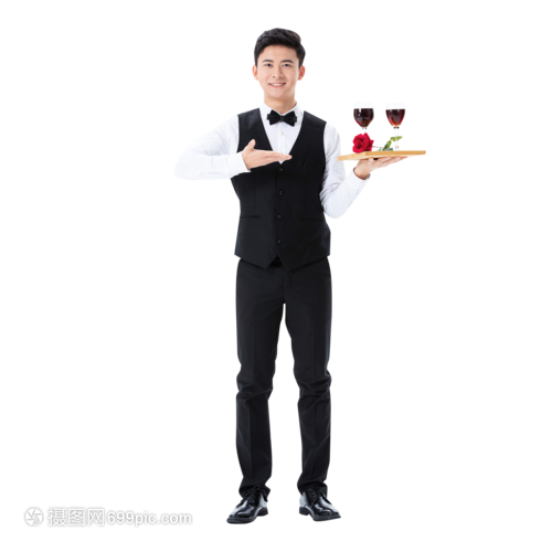 遞送紅酒和玫瑰花的服務(wù)員形象